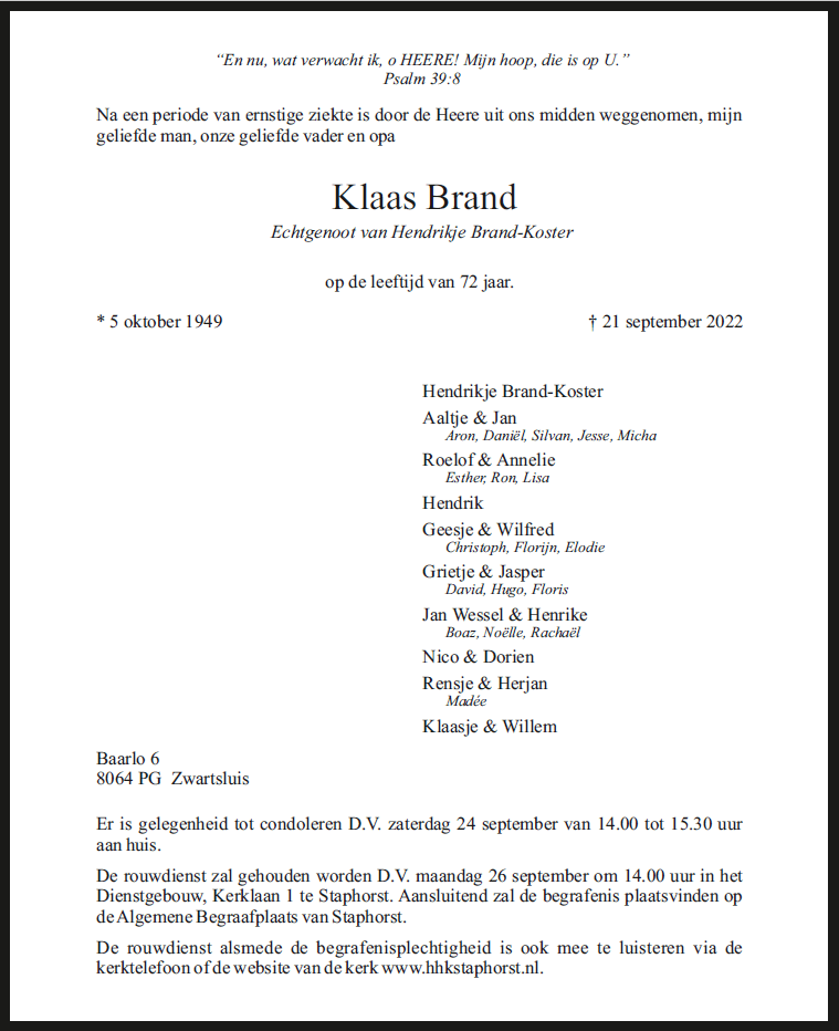 Klaas Brand * 5 oktober 1949 - 21 september 2022